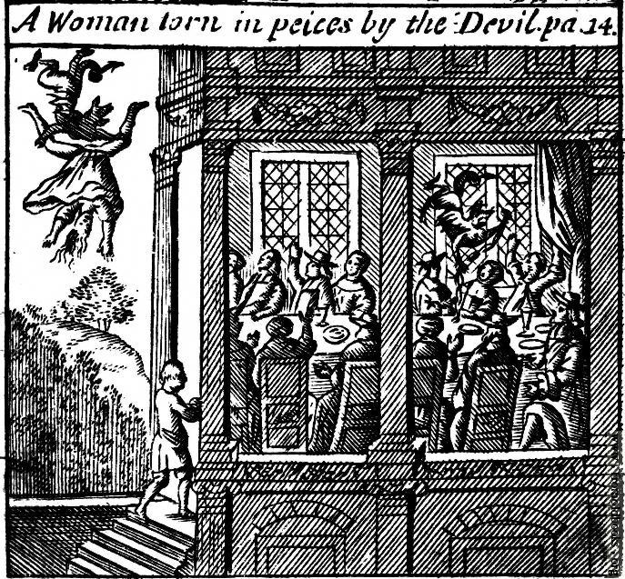 Old drawing of woman being torn into pieces by the Devil